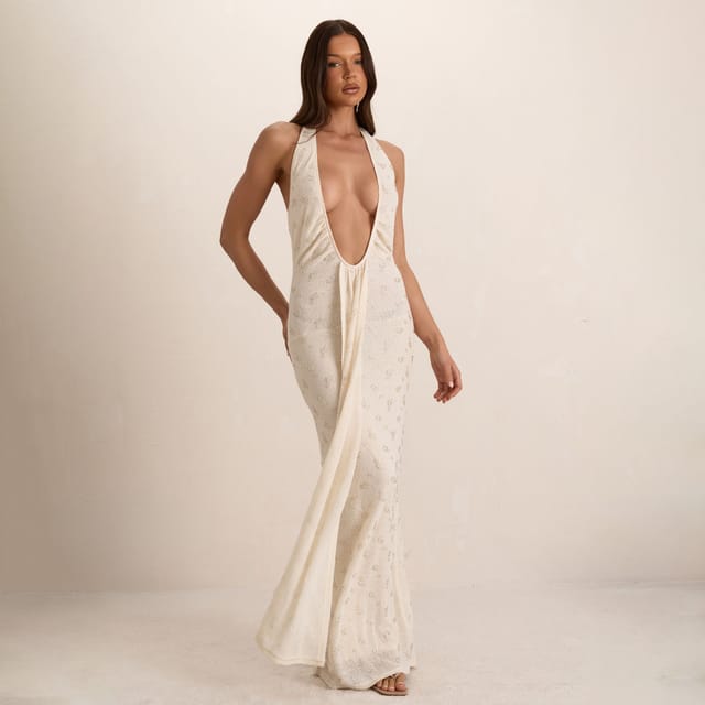 EGO EGO Women's Strappy Halter Neck Drape Maxi Dress in Cream - 2