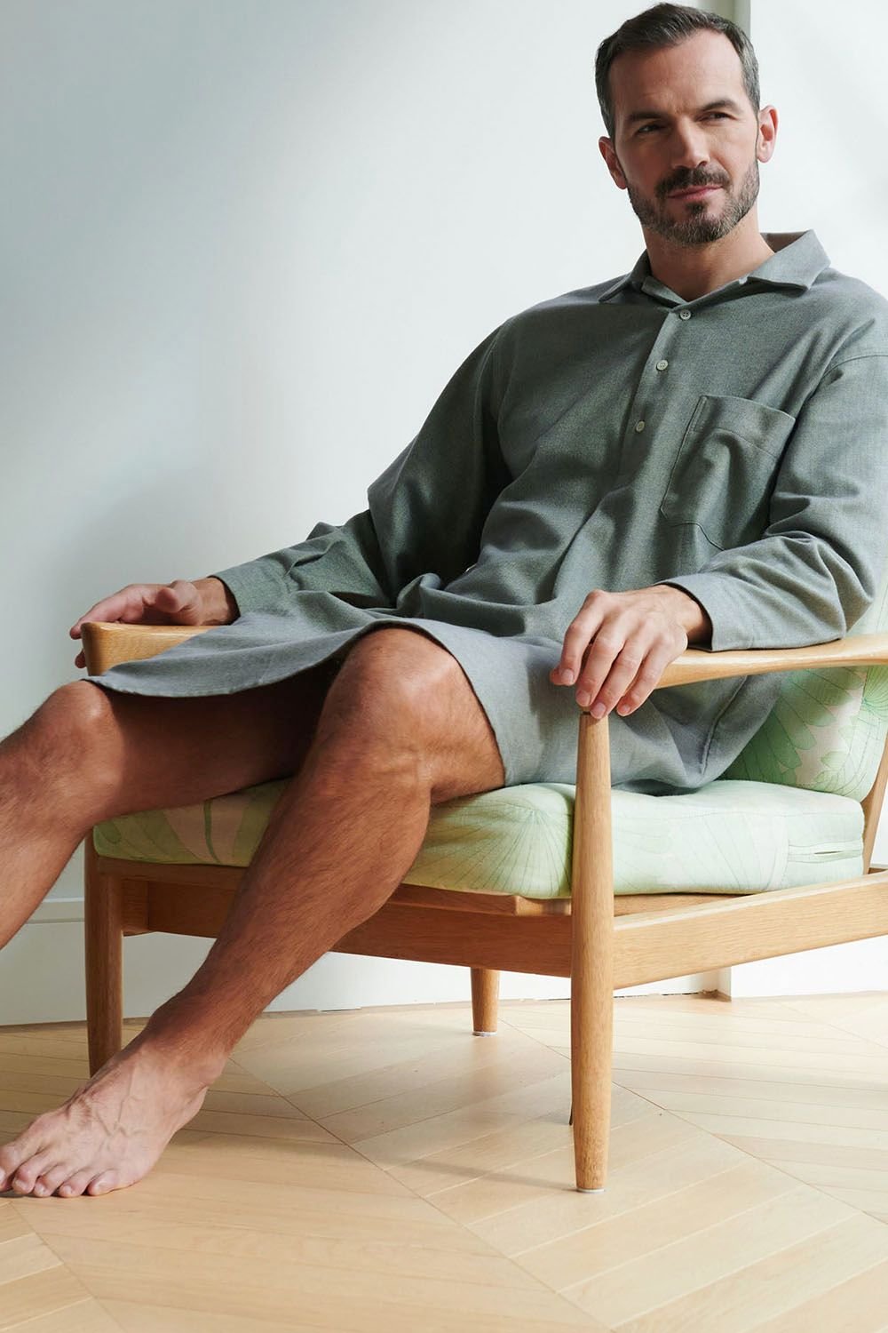 British Boxers British Boxers Men's "Orkney" Herringbone Brushed Cotton Nightshirt in Pale Green - 2