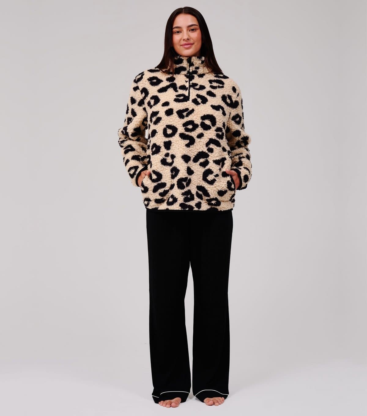 Loungeable Women's Brown Leopard Print Borg Fleece Quarter Zip Jumper Loungeable New Look