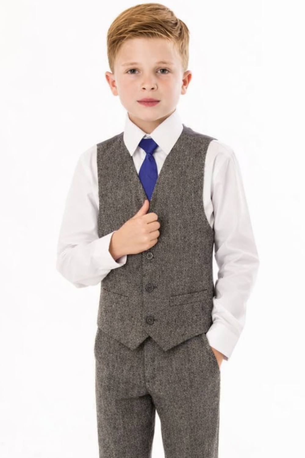 Vivaki Vivaki Men's 4 Piece Grey Herringbone Tweed Suit - 1