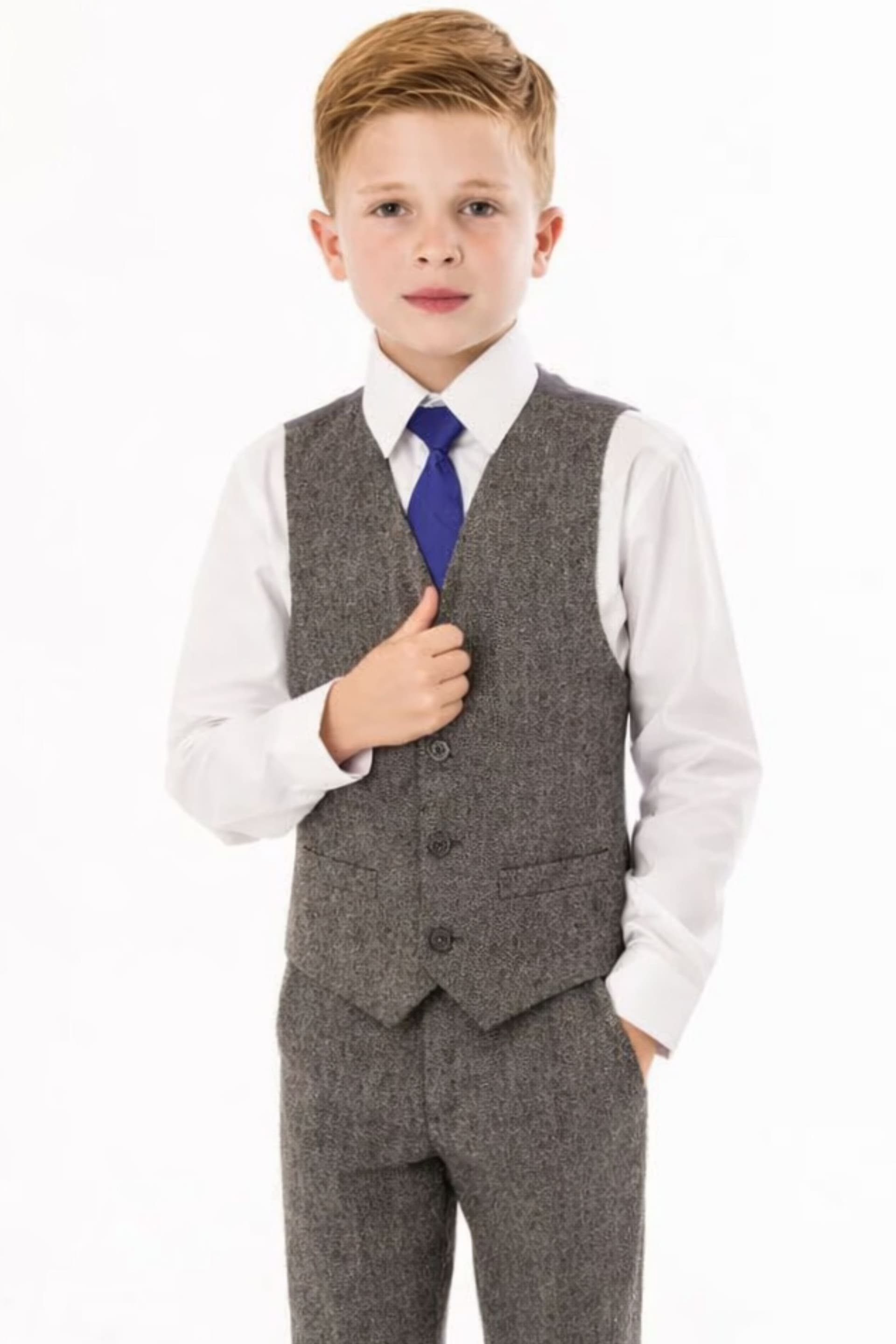 Vivaki Vivaki Men's 4 Piece Grey Herringbone Tweed Suit