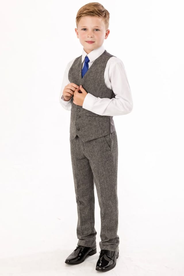Vivaki Vivaki Men's 4 Piece Grey Herringbone Tweed Suit - 2