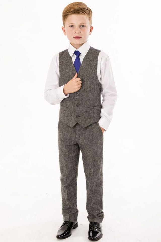 Vivaki Vivaki Men's 4 Piece Grey Herringbone Tweed Suit - 3