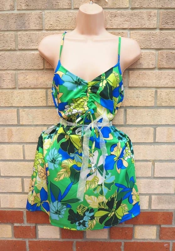 Boohoo Boohoo blue green floral satin ruche tie neck strappy shift a line mini dress 8 S