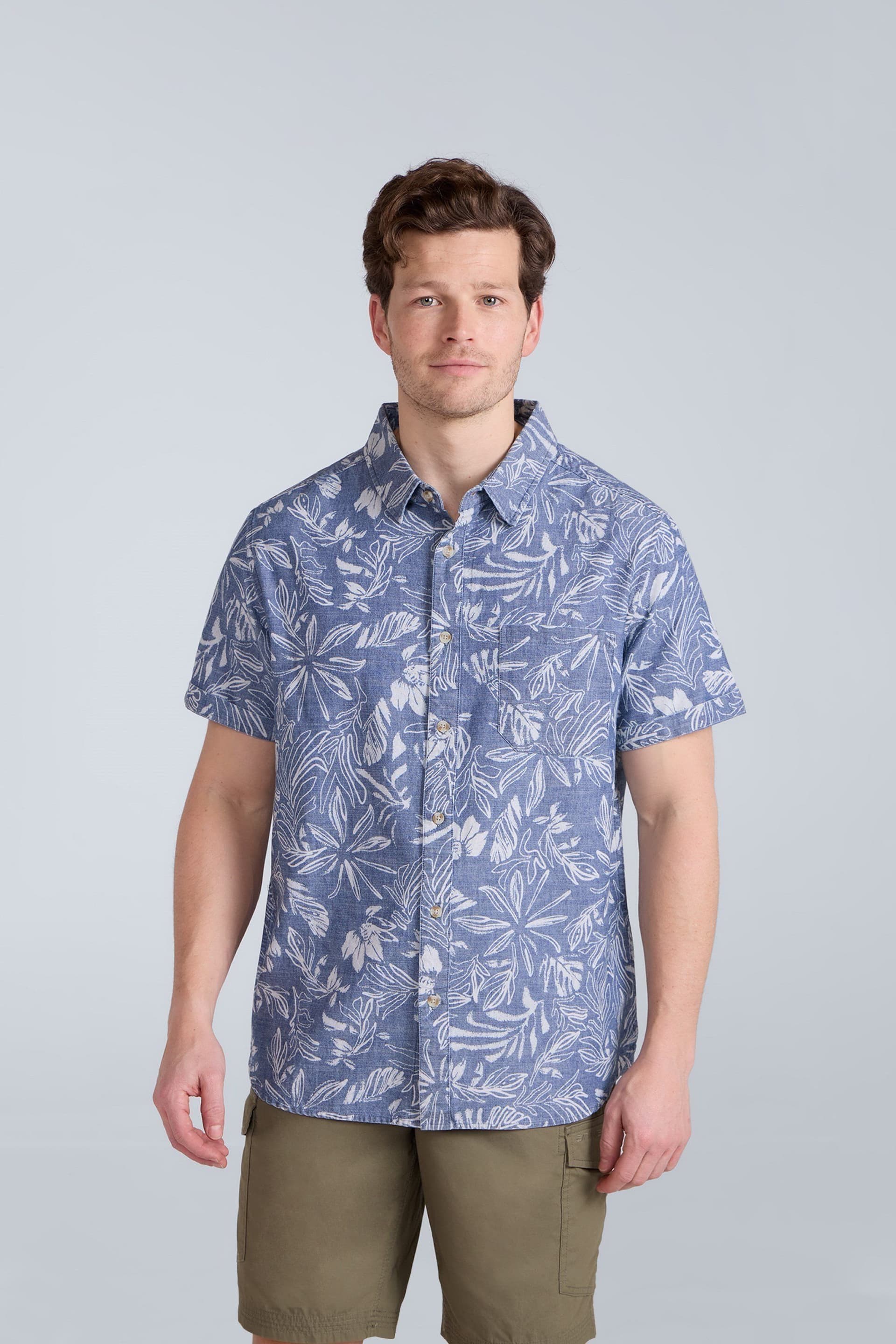 Animal Animal Men's 'Jamie' Hibiscus Print Lightweight Short Sleeve Cotton Shirt in Dark Blue