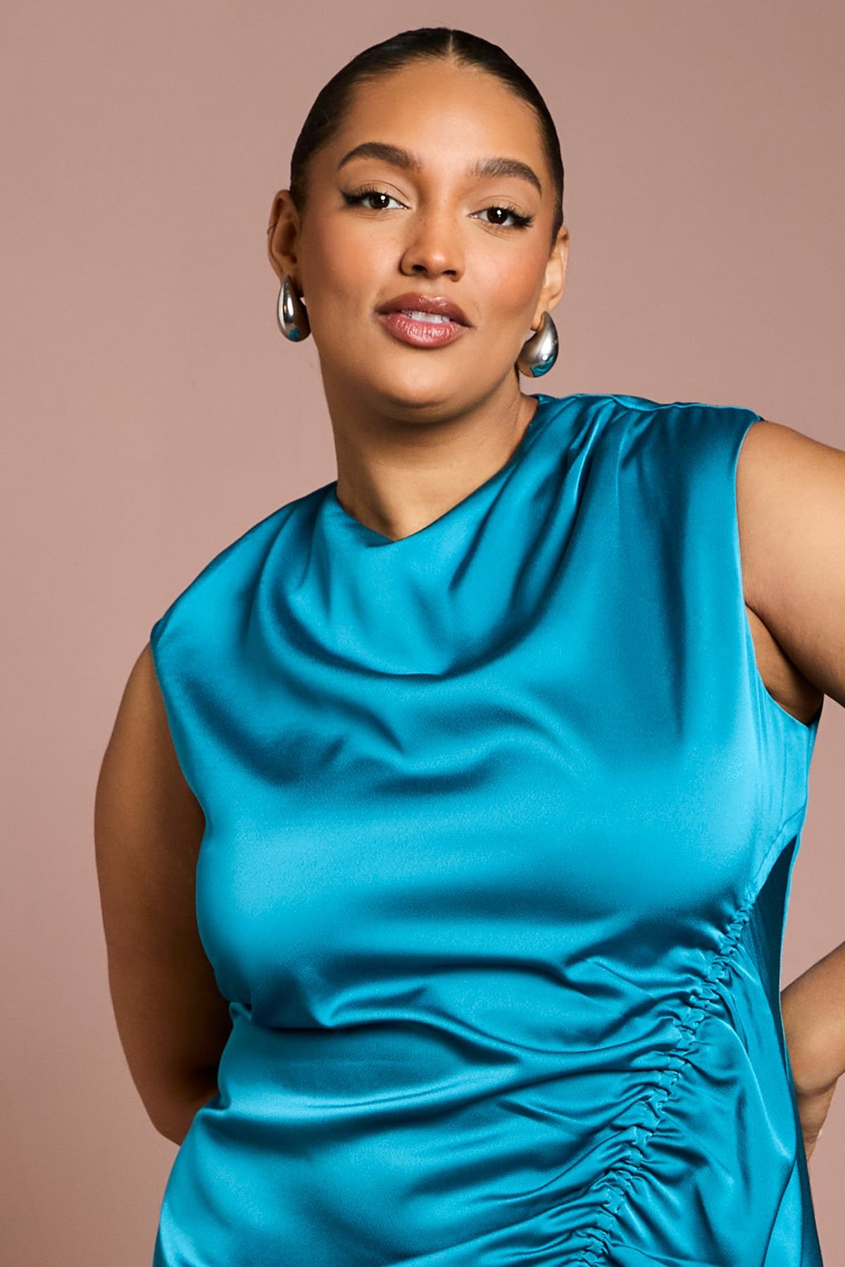 Coast Coast Women's Plus Drape Side Cap Sleeve Midi Dress in Teal - 4