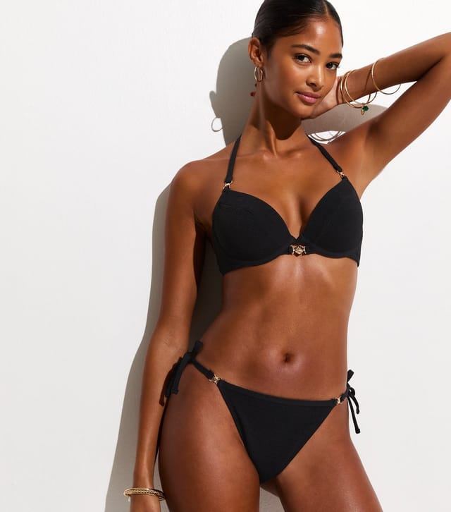 New Look Women's Black Crinkled Shell Trim Underwired Bikini Top New Look - 2