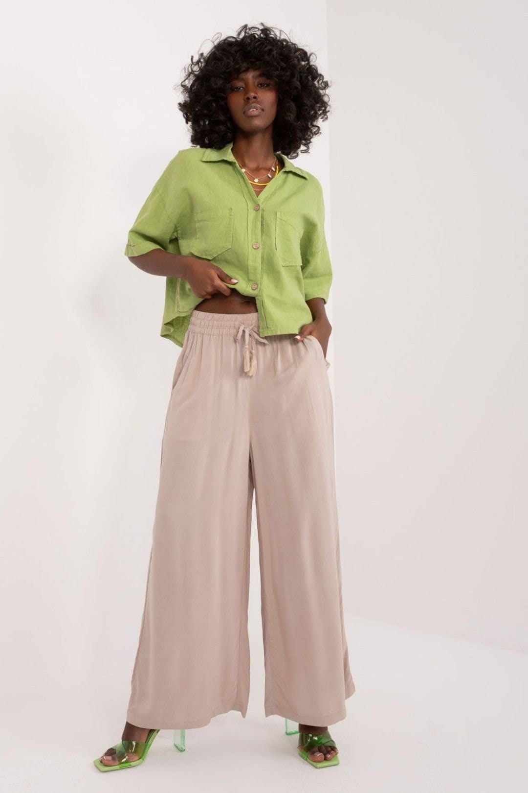 Love Lace Beige Viscose Palazzo Pants with Drawstring Waist