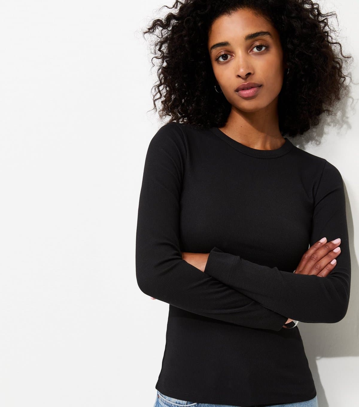 New Look New Look Black Cotton-Rich Ribbed Crew Neck Long Sleeve Top