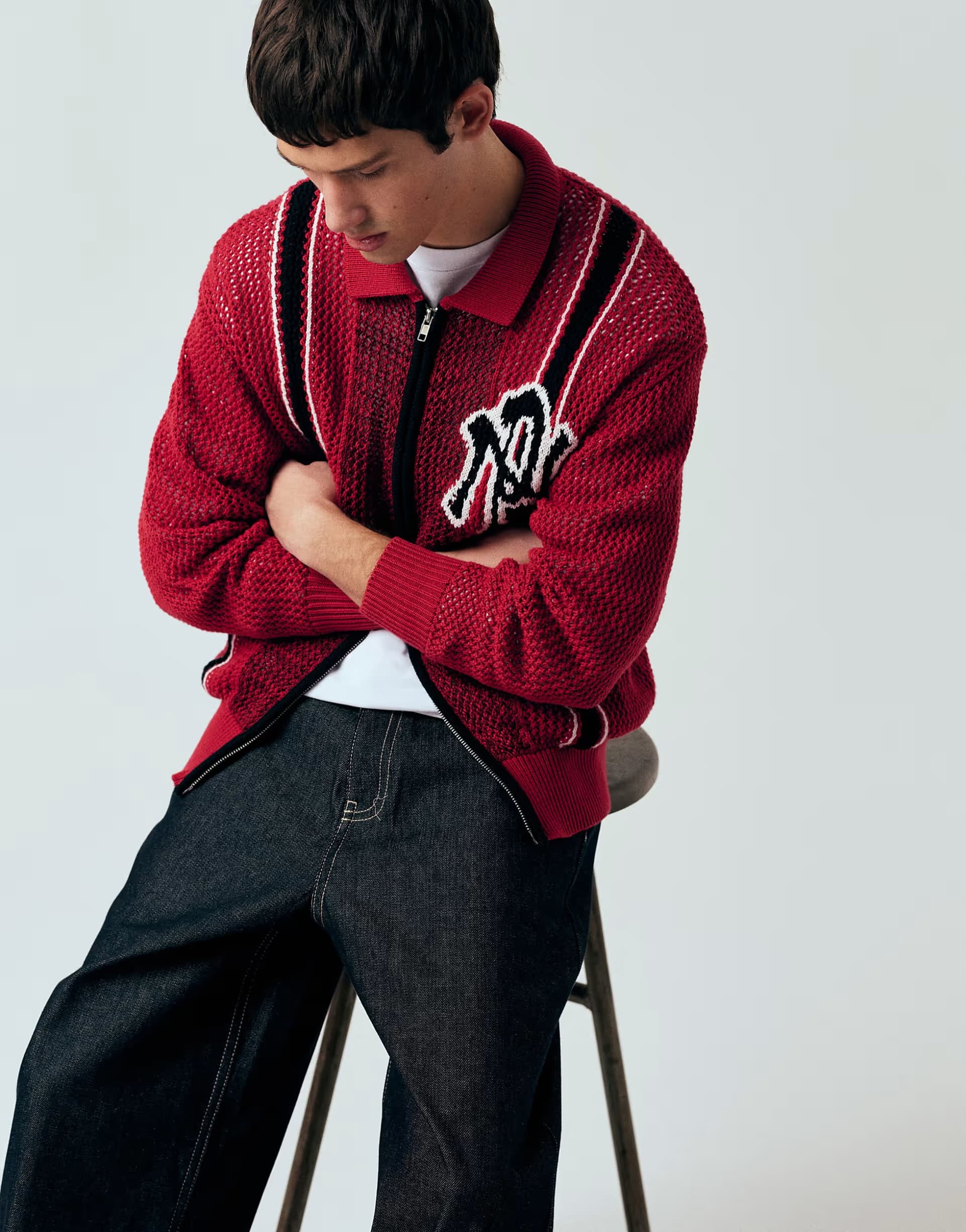 ASOS No Problemo 100% cotton crochet sports zip through jumper with contrast panels in red