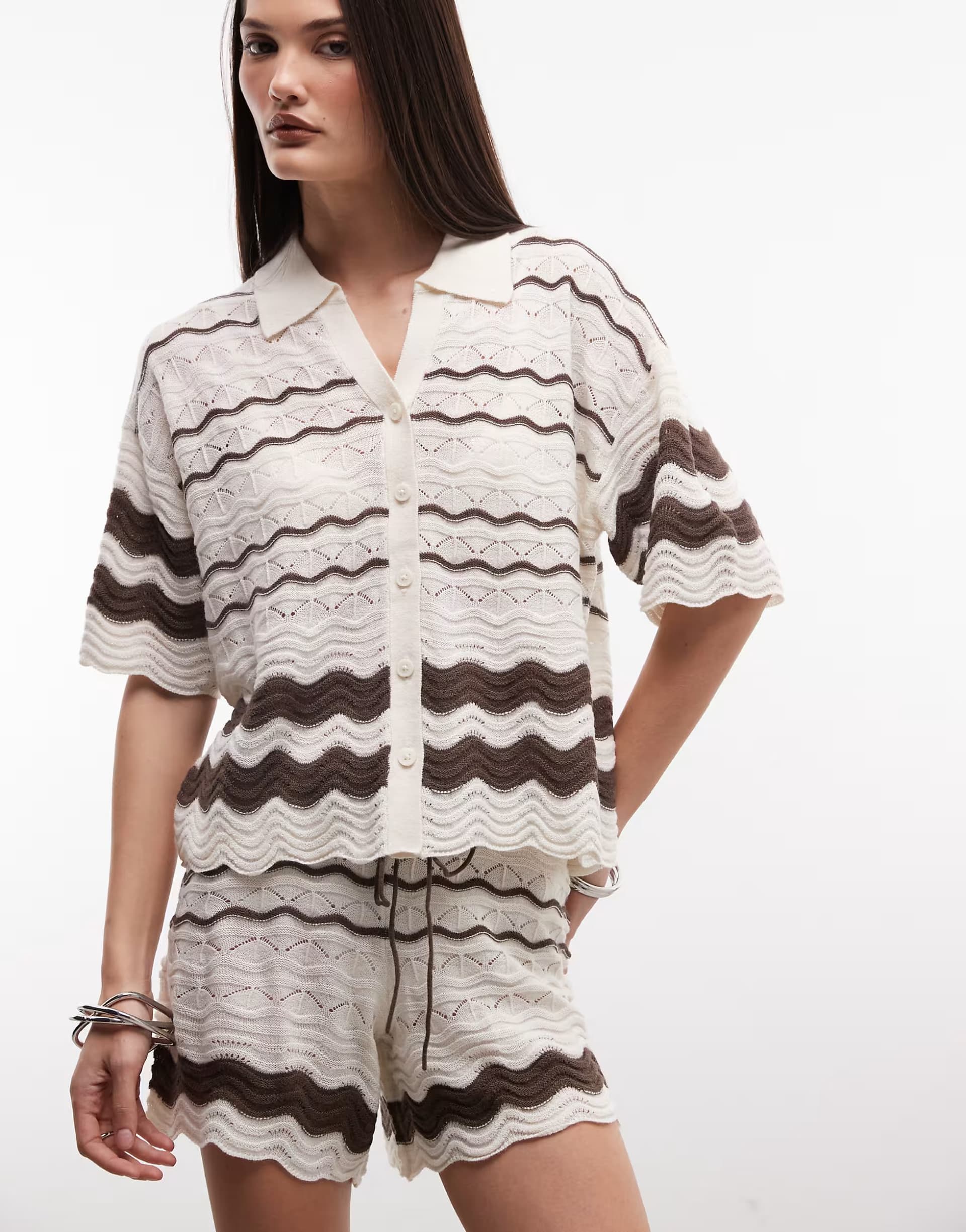 ASOS Noisy May crochet polo co-ord in beige & brown