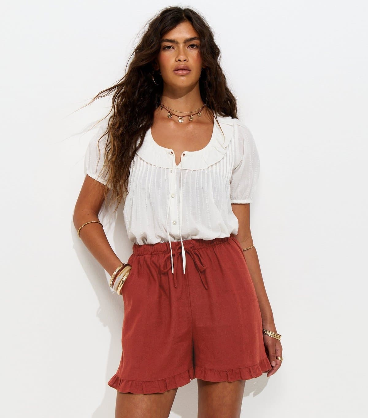 New Look Women's Rust Drawstring Waist Ruffle Trim Shorts New Look
