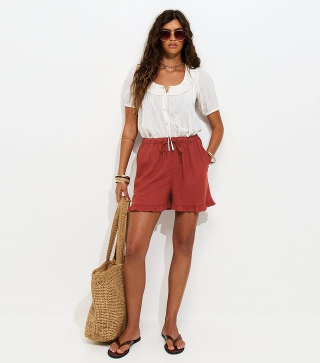 New Look Women's Rust Drawstring Waist Ruffle Trim Shorts New Look - 2