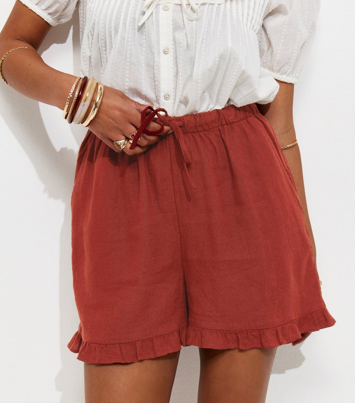 New Look Women's Rust Drawstring Waist Ruffle Trim Shorts New Look - 4