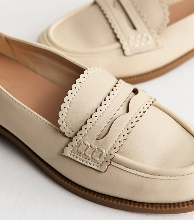 New Look Women's Off White Faux Leather Scalloped Penny Loafers Vegan New Look - 3