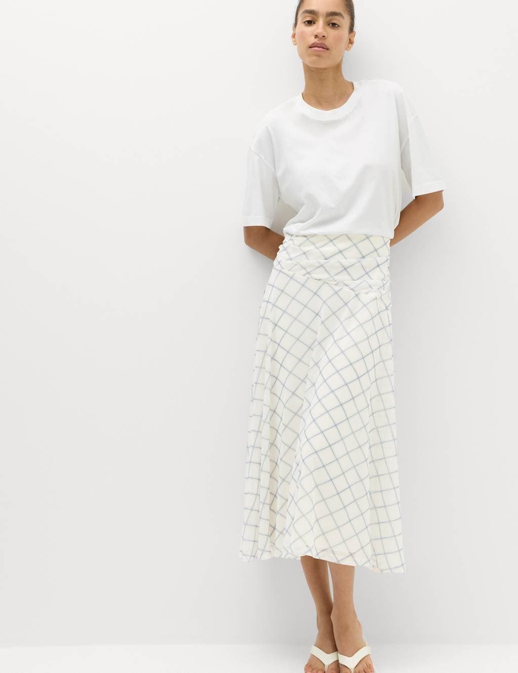 Marks & Spencer M&S Mesh Checked Midi A-Line Skirt Cream Mix