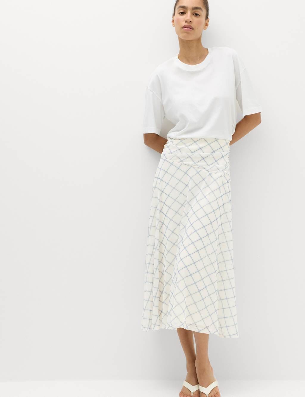 M&S Mesh Checked Midi A-Line Skirt Cream Mix