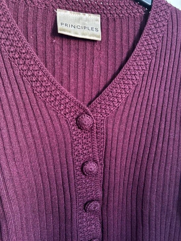 Principles Principles Burgundy Ribbed Knit Jumper V Neck Button Detail Long Sleeve Cottagecore UK Women’s