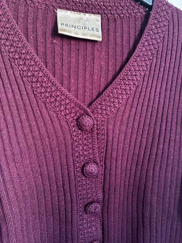 Principles Principles Burgundy Ribbed Knit Jumper V Neck Button Detail Long Sleeve Cottagecore UK Women’s - 1