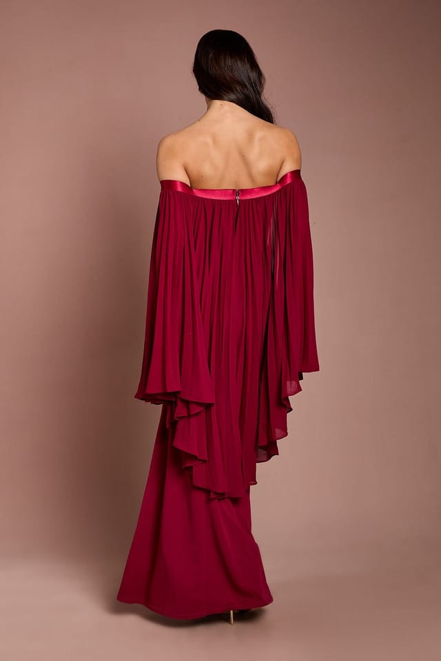 Coast Coast Women's Strapless Maxi Dress With Pleated Chiffon Cape in Burgundy - 3
