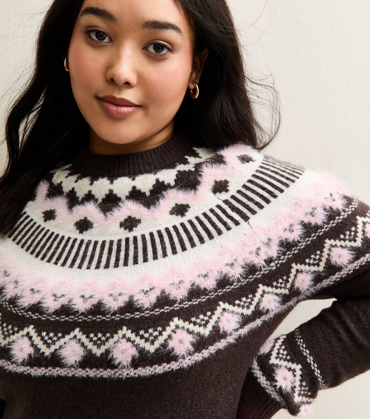 New Look Women's Plus Size Brown Fluffy Fairisle Jumper Curves New Look