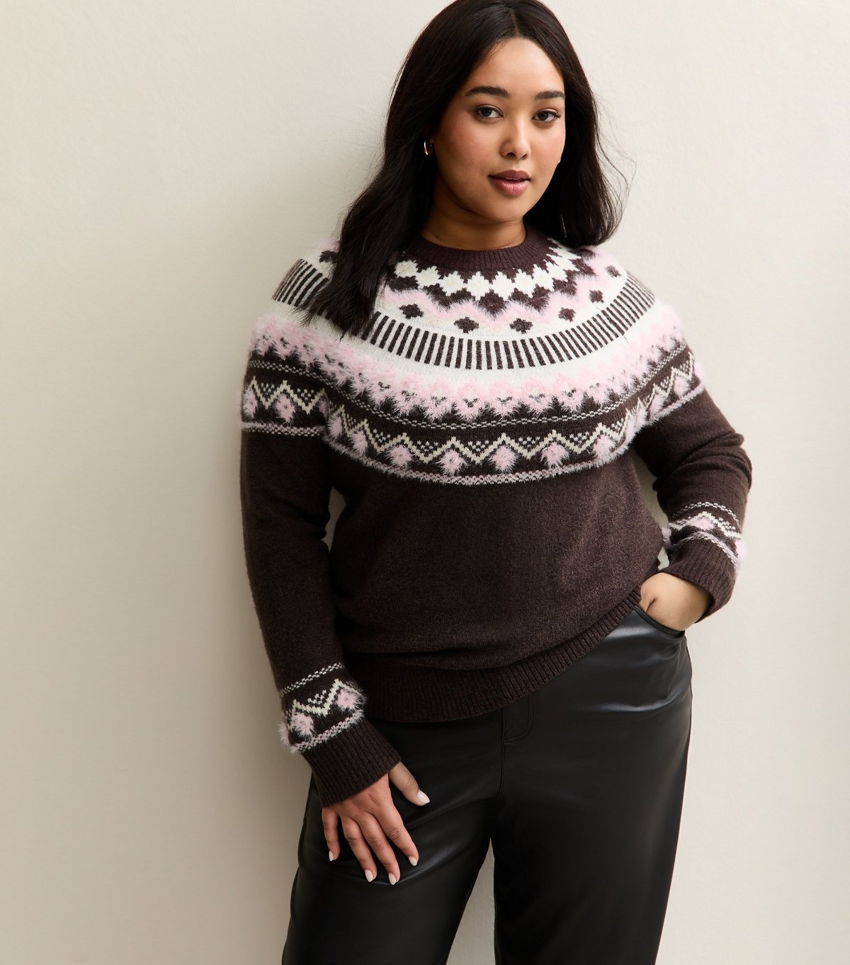 New Look Women's Plus Size Brown Fluffy Fairisle Jumper Curves New Look - 2