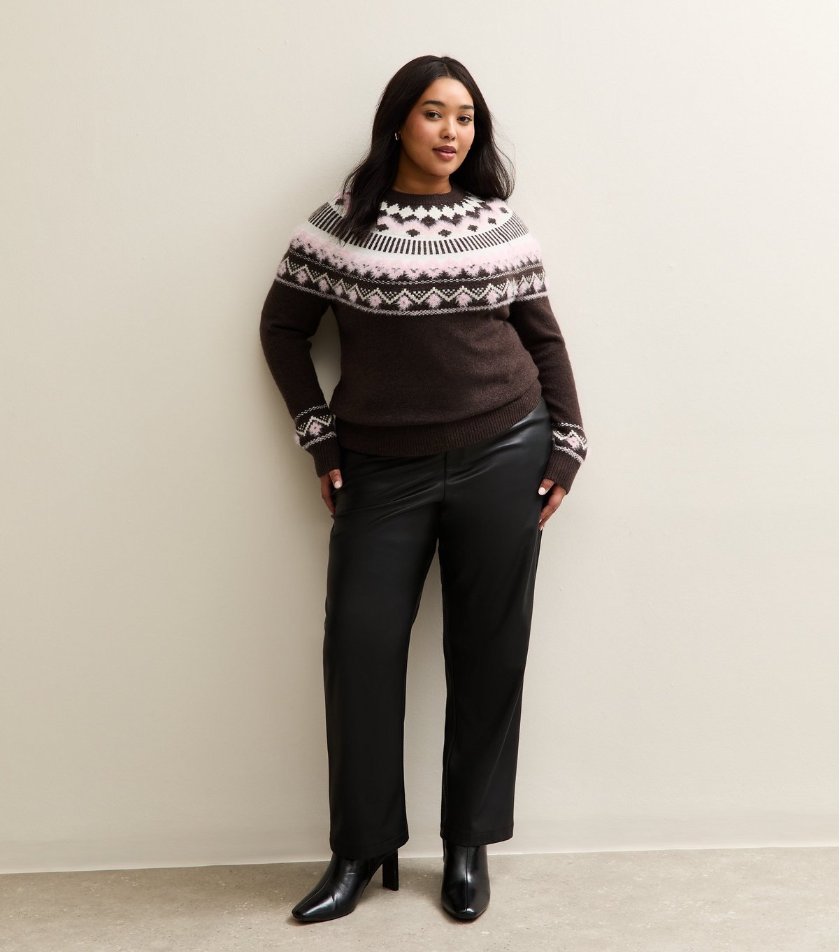 New Look Women's Plus Size Brown Fluffy Fairisle Jumper Curves New Look - 3