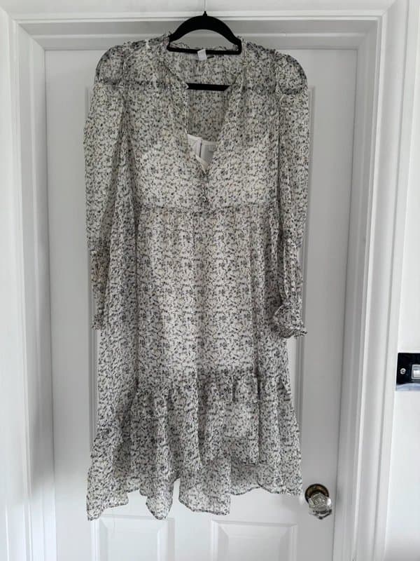 Topshop Topshop Size 8 White Flowery Lined Tiered Long Sleeve Midi Dress Floaty Loose