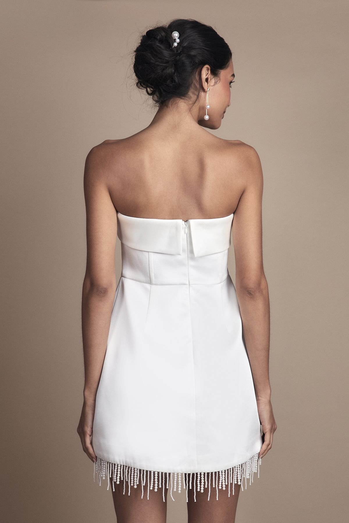 Coast Coast Women's Strapless Satin Mini Wedding Dress with Hem Pearl Trim in Ivory - 3