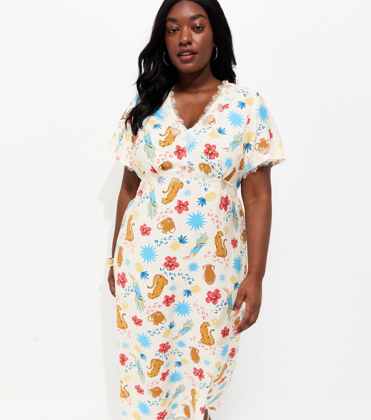 New Look Women's Plus Size Cream Animal Print Tea Midi Dress Curves New Look