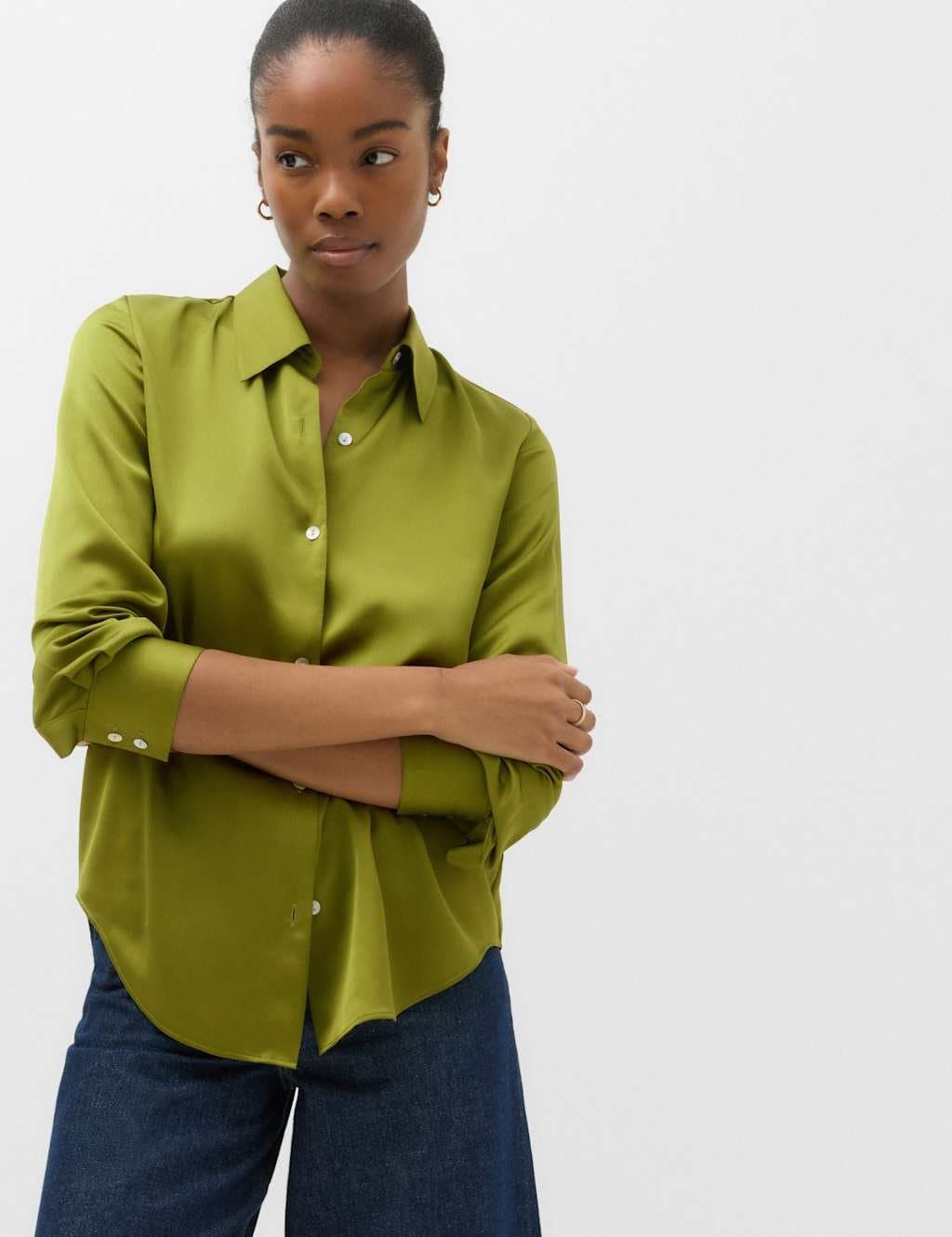 Marks & Spencer M&S Satin Collared Button Through Shirt Green