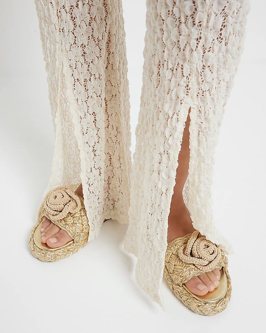 River Island River Island Womens Gold Crochet Flower Flatform Sandals