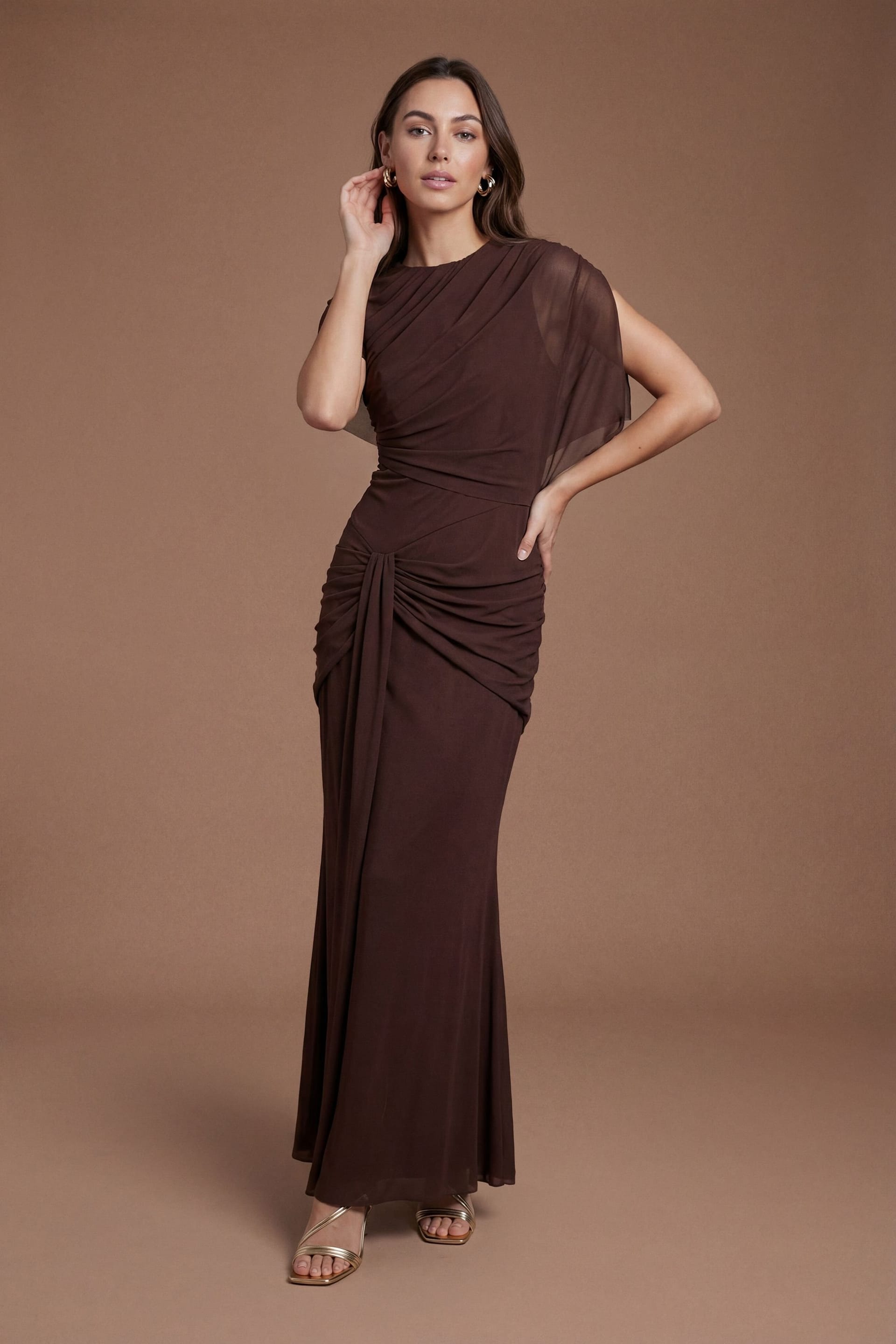 Coast Coast Women's Twist Cape Sleeve Contour Collective Bridesmaid Dress in Espresso - 4