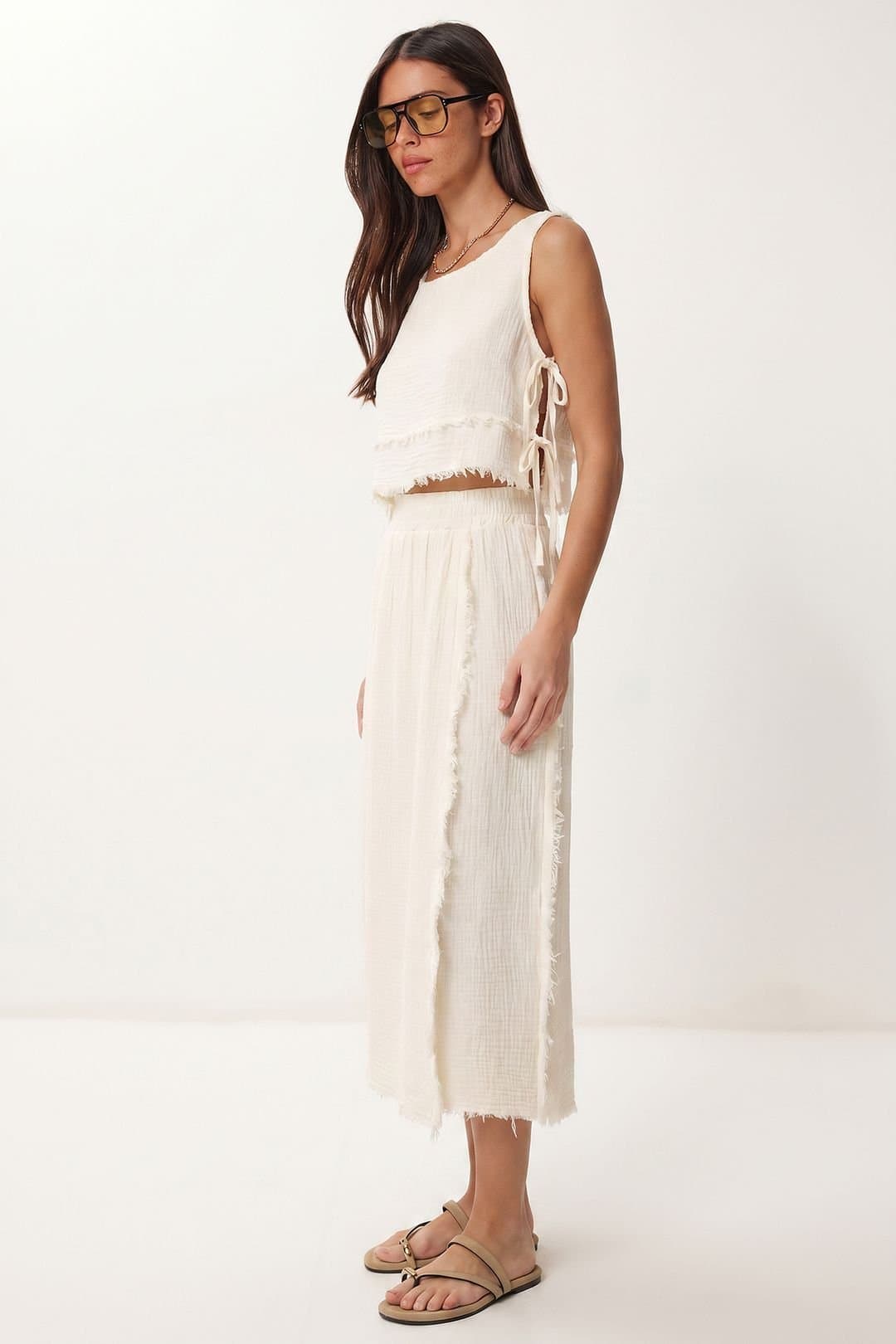 Happiness Istanbul Happiness Istanbul Women's Cotton Sleeveless Blouse & Midi Skirt Set in Off-White