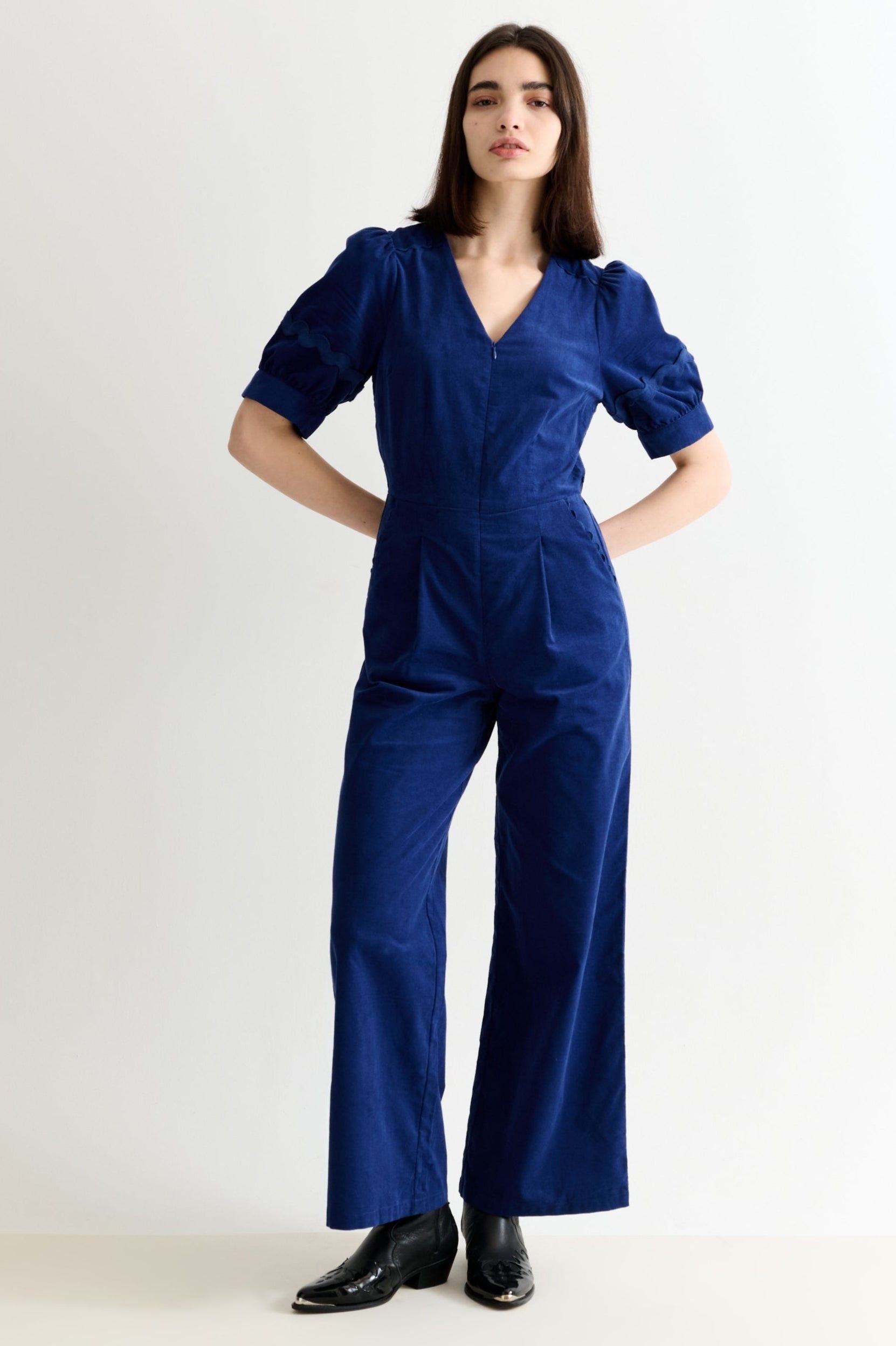 Louche Louche Women's Finlay Babycord V Neck Ric Rac Trim Jumpsuit - Navy in Blue - 2