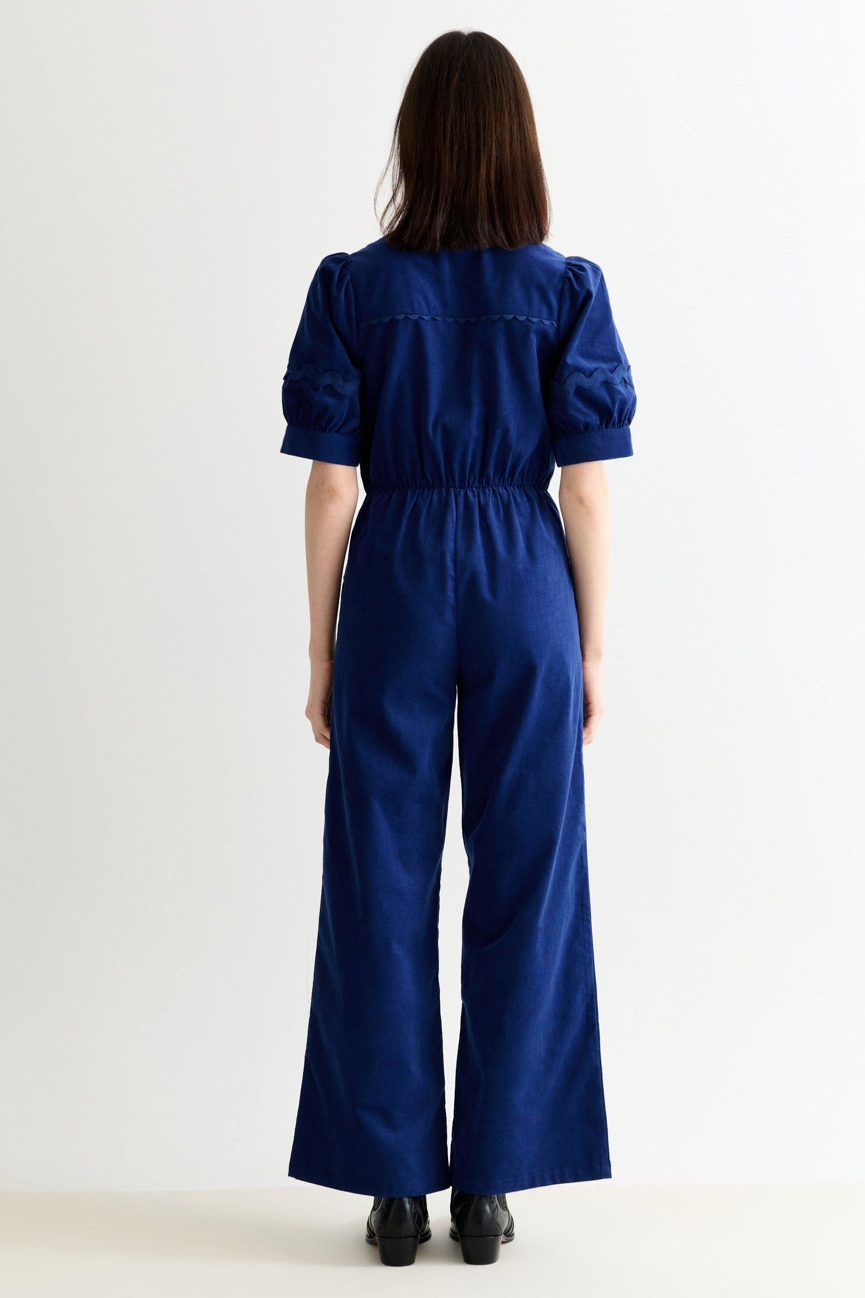 Louche Louche Women's Finlay Babycord V Neck Ric Rac Trim Jumpsuit - Navy in Blue - 3