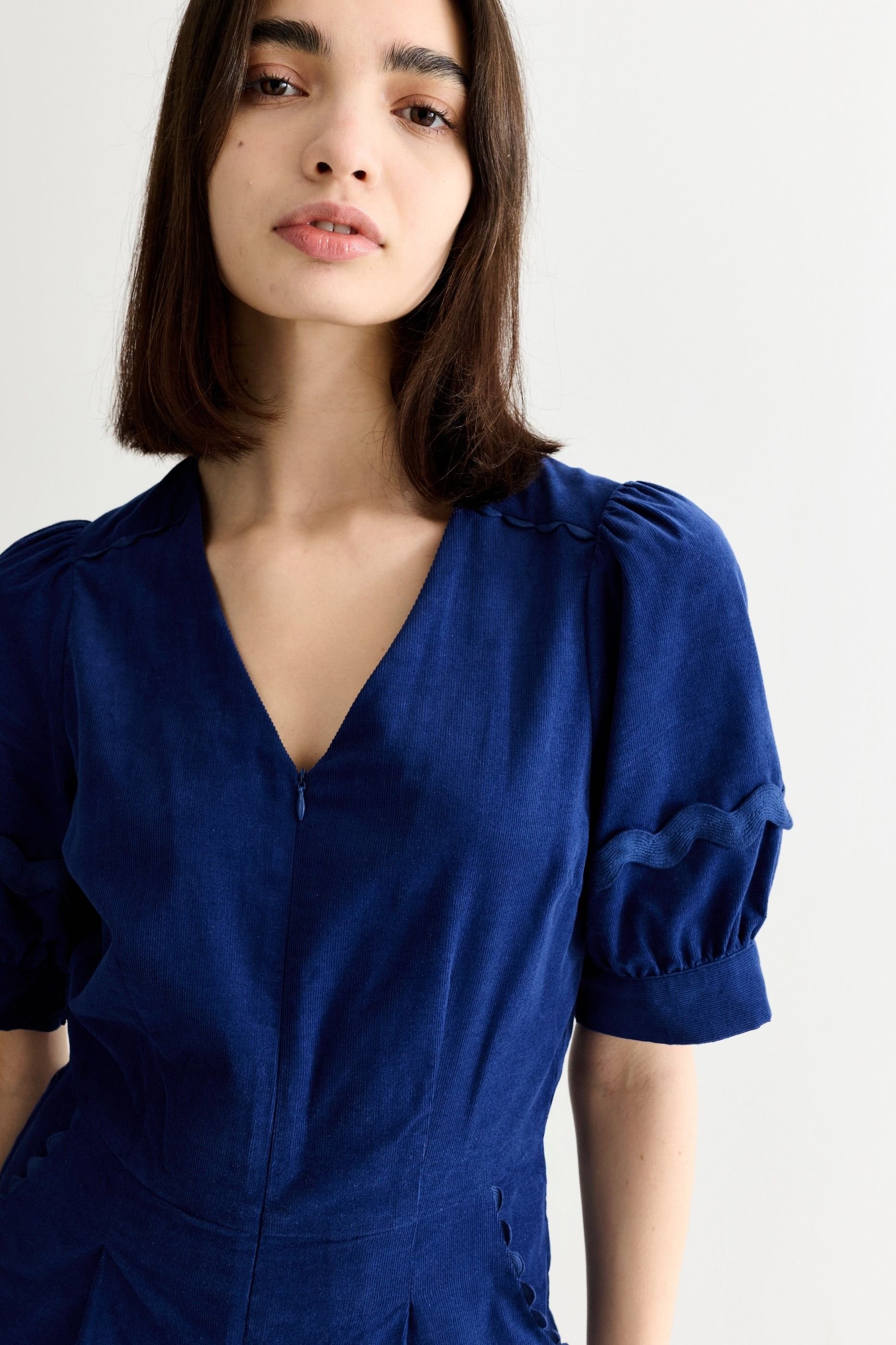 Louche Louche Women's Finlay Babycord V Neck Ric Rac Trim Jumpsuit - Navy in Blue - 4