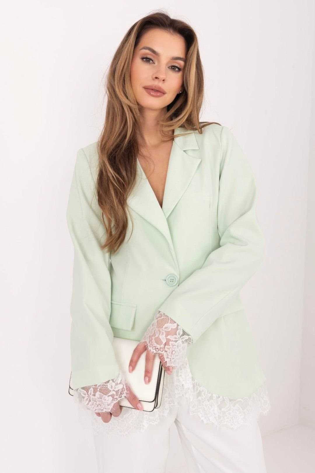 Love Lace Love Lace Women's Elegant Lace Trim Single Button Blazer Style 224876 in Green