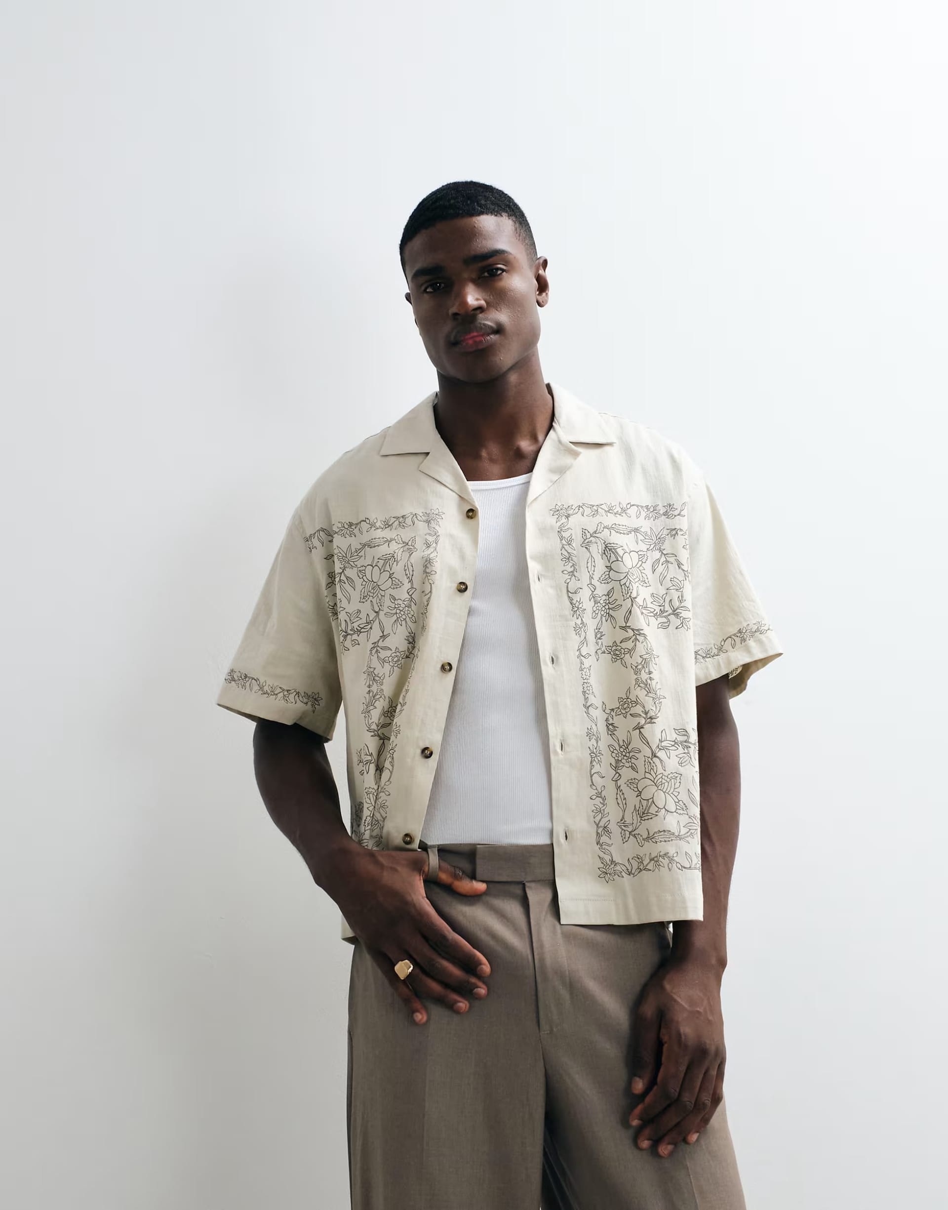 ASOS DESIGN oversized boxy printed shirt in beige