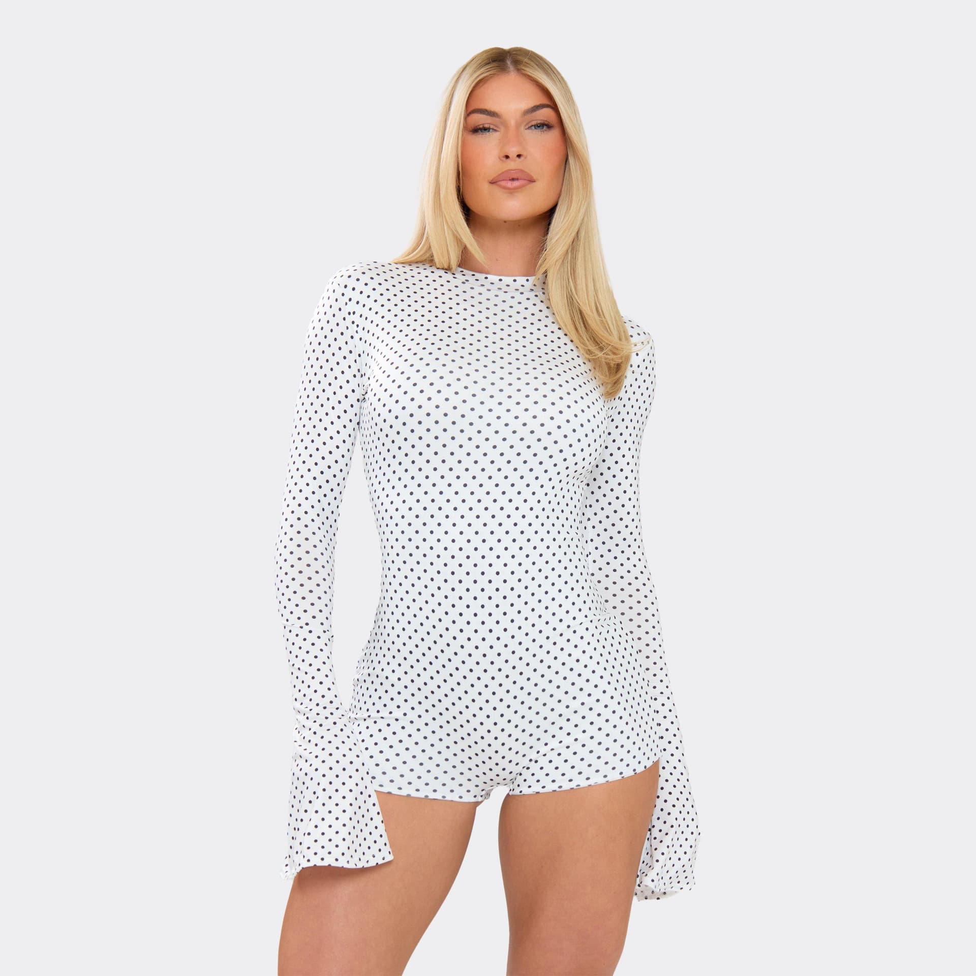 EGO Long Flute Sleeve Playsuit In White Polka Dot Slinky, Women's Size UK 6