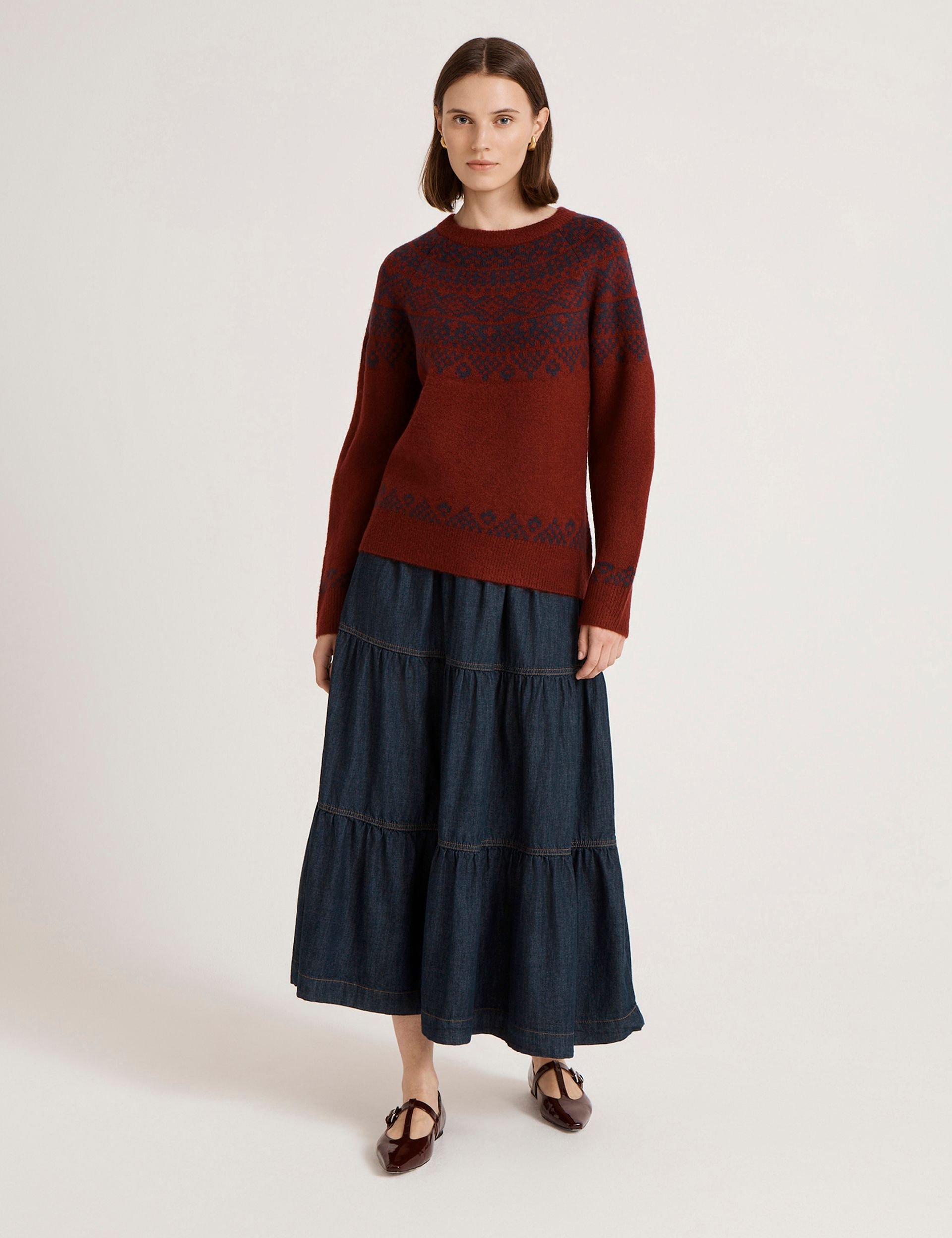 Finery London Finery London Women's Elina Fair Isle Round Neck Knittedjumper in Maroon - 2