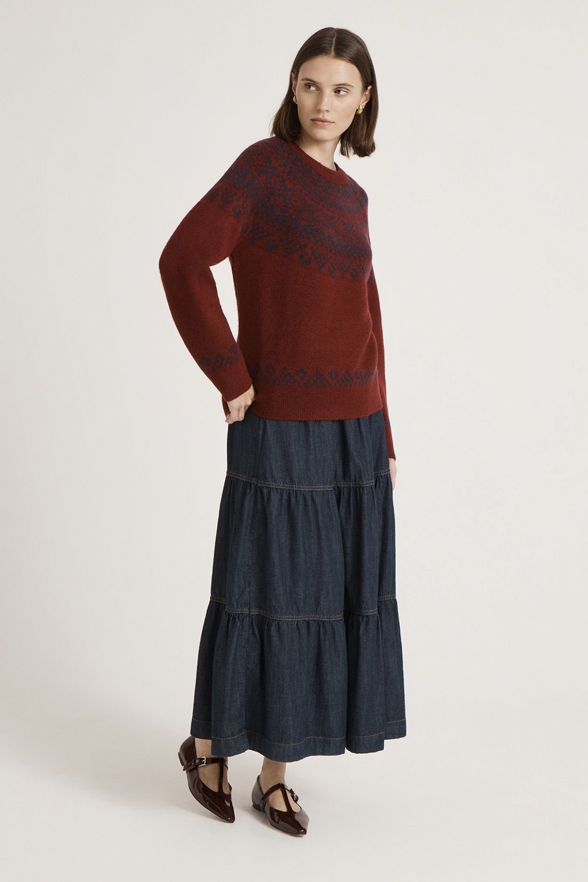 Finery London Finery London Women's Elina Fair Isle Round Neck Knittedjumper in Maroon - 4