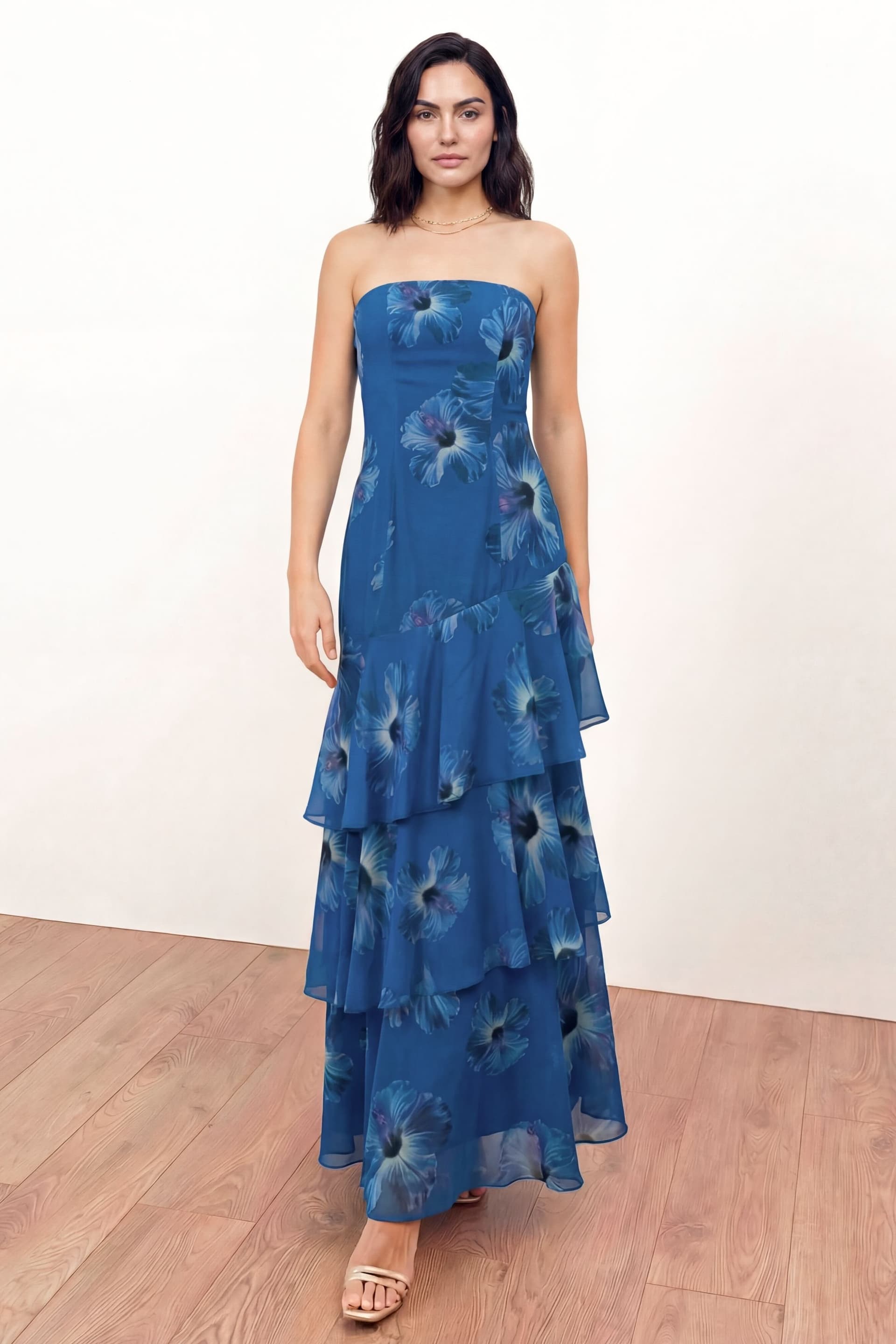 Anaya with Love Anaya with Love Women's Floral Bandeau Ruffled Maxi Dress in Blue