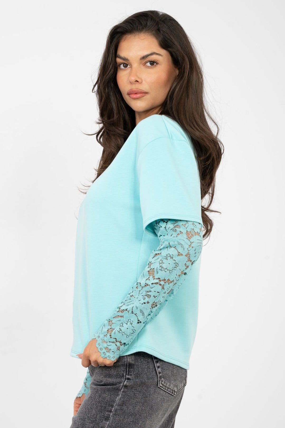 Love Lace Love Lace Women's Cotton Elastane Lace 3/4 Sleeve Blouse in Aqua - 4