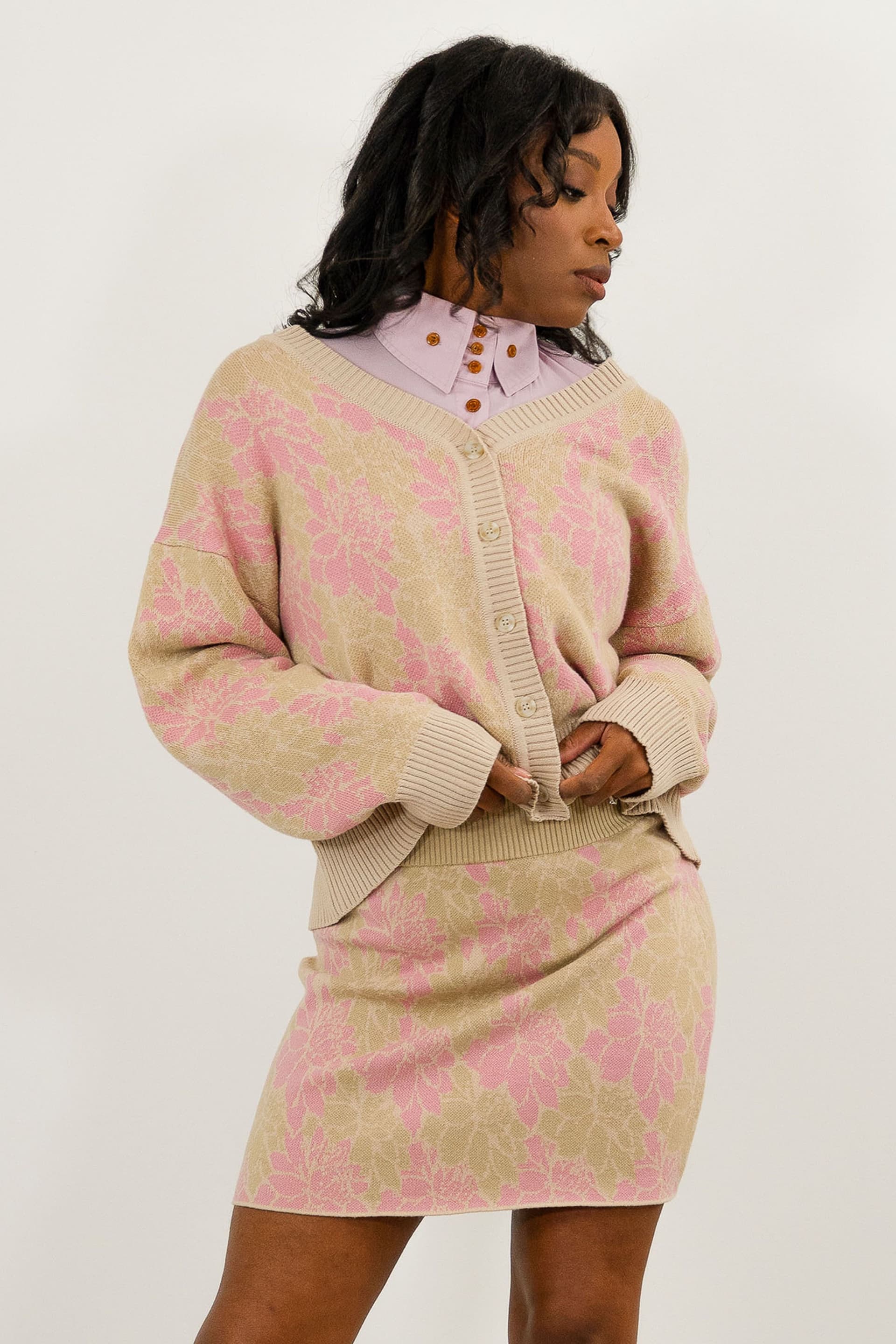 BALOU BALOU Women's Oversized Floral Knit Long Sleeve Cardigan in Pink