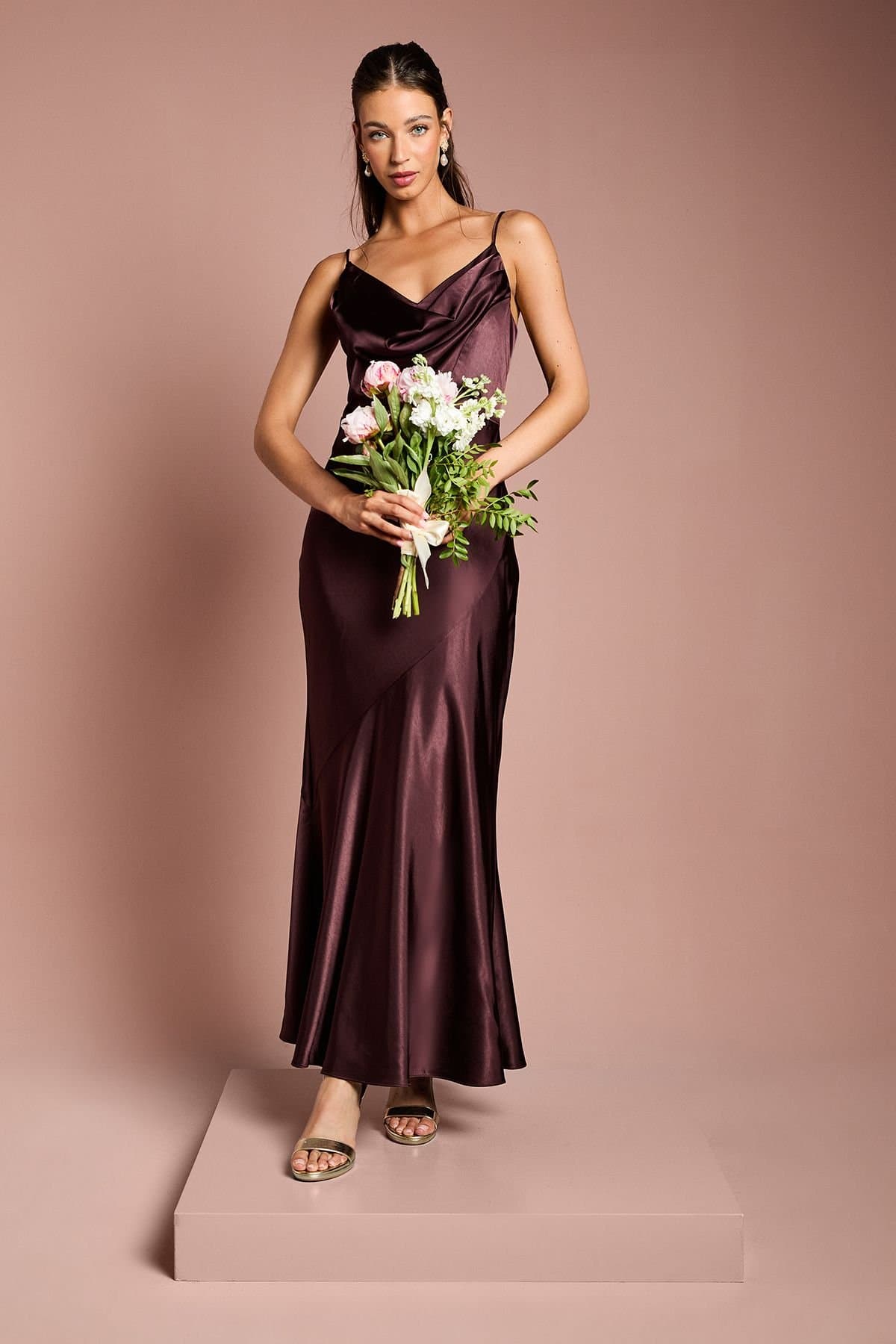 Coast Coast Women's Satin Strappy Cowl Neck Fishtail Maxi Bridesmaid Dress in Espresso
