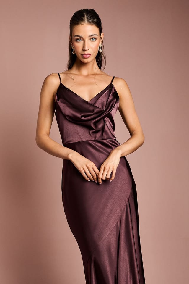 Coast Coast Women's Satin Strappy Cowl Neck Fishtail Maxi Bridesmaid Dress in Espresso - 2