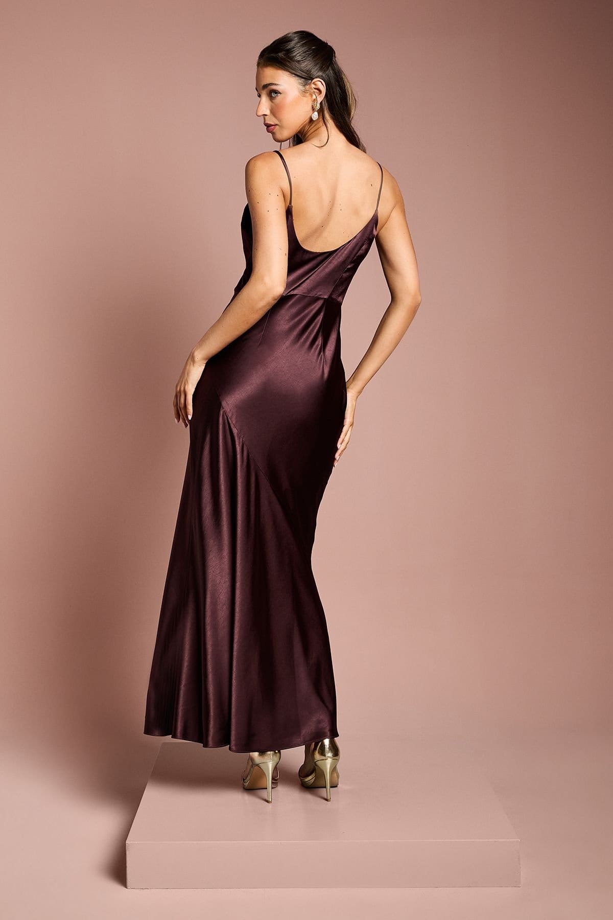 Coast Coast Women's Satin Strappy Cowl Neck Fishtail Maxi Bridesmaid Dress in Espresso - 4