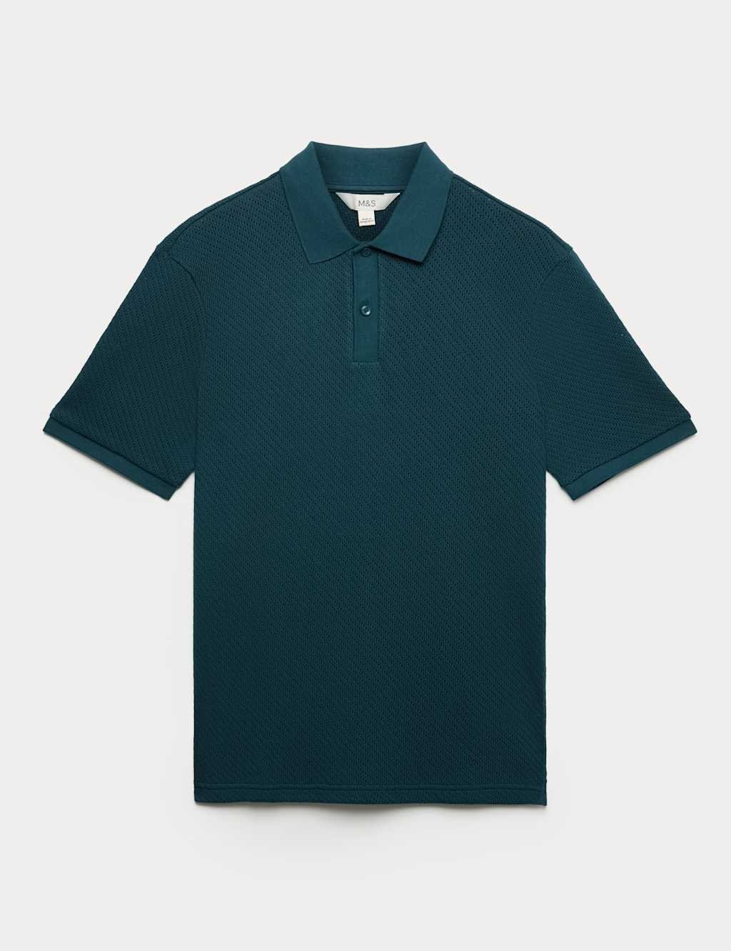 Marks & Spencer M&S Cotton Rich Textured Knitted Polo Shirt Dark Petrol - 2