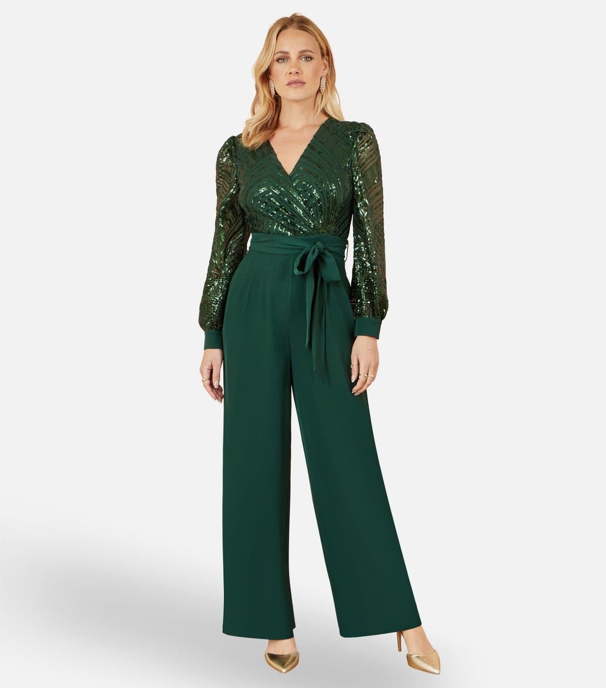 Yumi Women's Dark Green Sequin Wrap Jumpsuit Yumi New Look